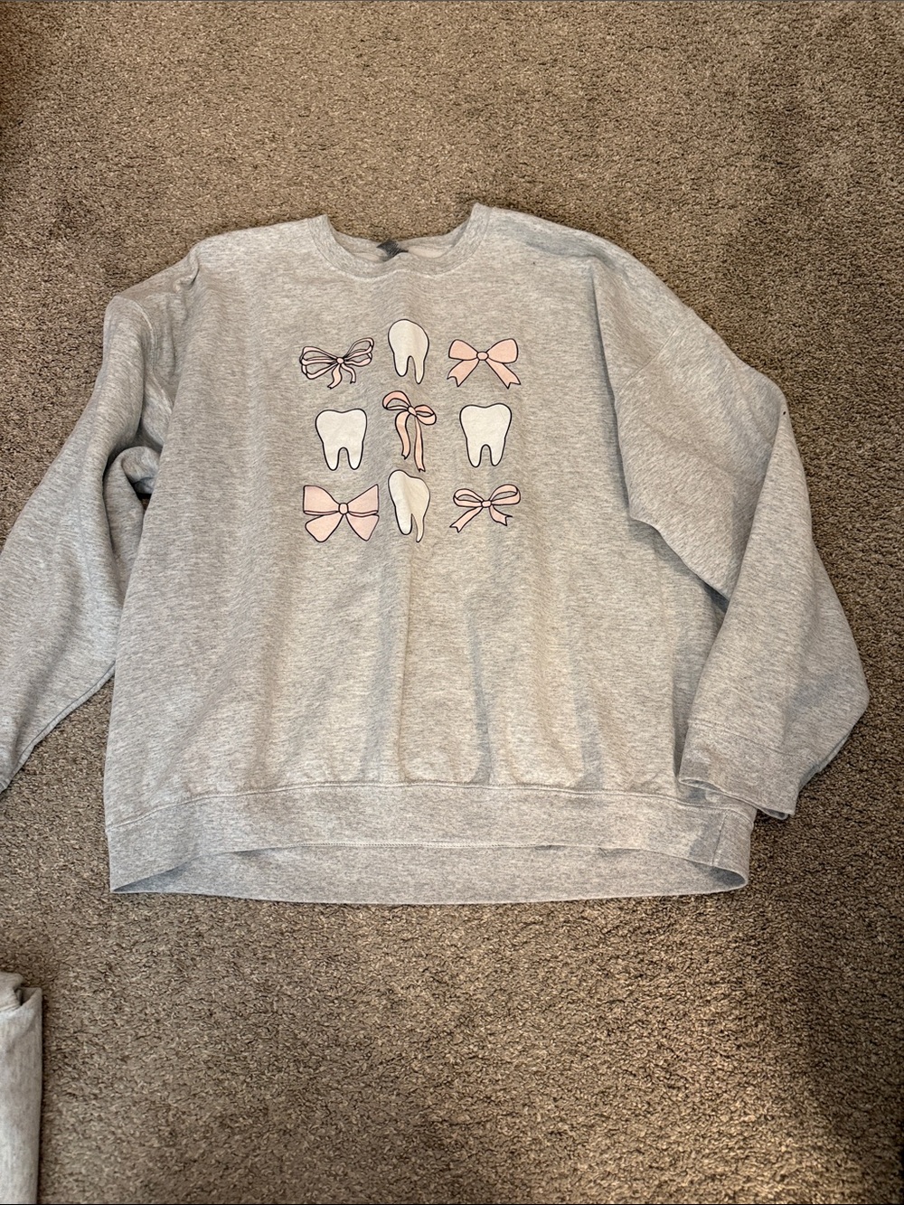 Women’s Grey Crewneck Sweatshirt with Pink Bow & Tooth Print